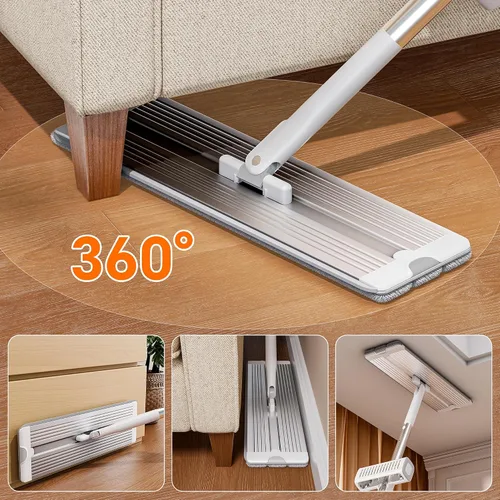 Miniatura 5 de Trapeador de microfibra autoescurridor, trapeador plano manos libres con hoja para escurrir, panel de aluminio, secado húmedo para apartamentos