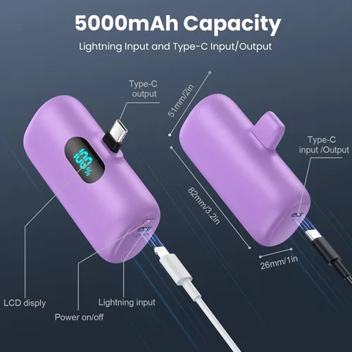 Miniatura 7 de [Paquete de 2] Mini cargador portátil de 5000 mAh, batería portátil de 3A PD USB C, batería de pantalla LCD compatible con iPhone 17/17 Air/16/16