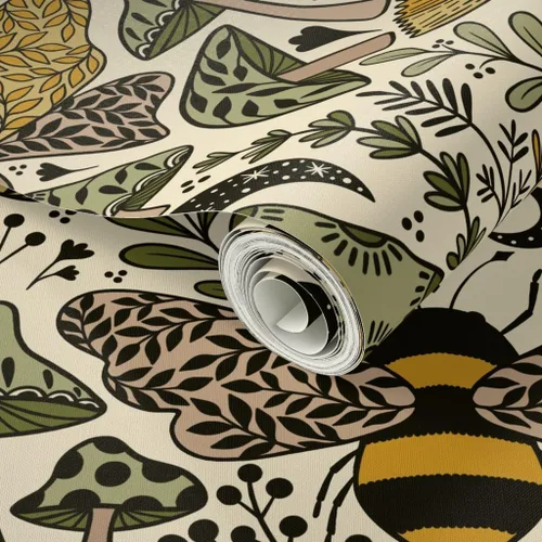 Miniatura 2 de Muestras de papel tapiz autoadhesivo - Nouveau Naturaleza Verde Amarillo Mariposa Naturaleza Bosque Plantas Art Nouveau Polilla Bohemia Abeja