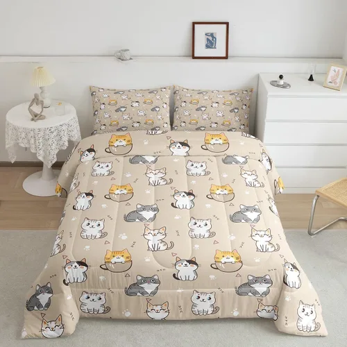 Miniatura 2 de Erosebridal Juego de edredón de tamaño matrimonial con diseño de gatos y gatos, lindo juego de ropa de cama Kawaii para niñas y niños
