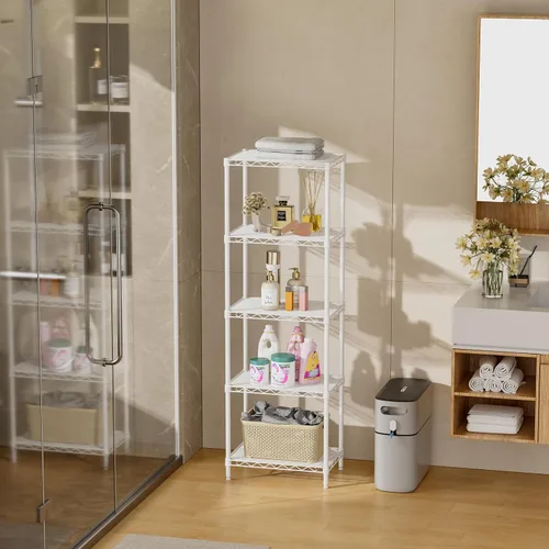 Miniatura 8 de SINGAYE Estante de almacenamiento con 5 estantes de alambre para armario, baño, despensa de metal, cocina, pequeña estantería de garaje, Blanco