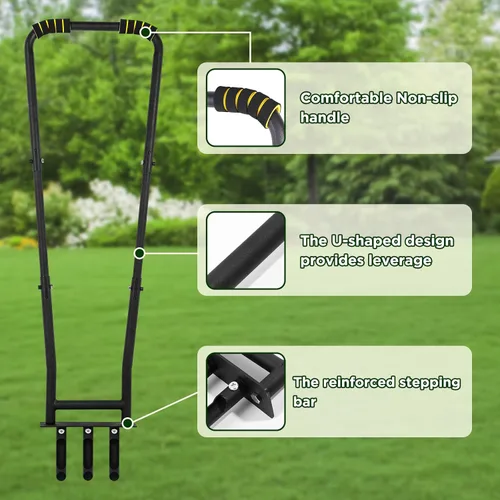 Miniatura 4 de Herramienta aireadora manual para césped con 3 dientes huecos reemplazables, mango antideslizante en forma de U y pedal para aireación de jardín
