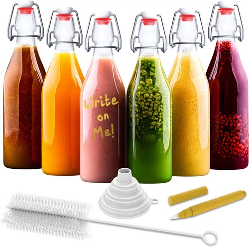 Miniatura 10 de Nevlers Botella de vidrio cuadrada con tapa abatible de 17 onzas con tapa, paquete de 6 botellas de vidrio con tapa hermética, embudo, cepillo