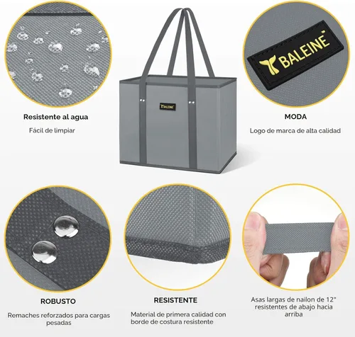 Miniatura 6 de BALEINE Paquete de 3 bolsas reutilizables para comestibles, bolsas de compras plegables para comestibles con parte inferior reforzada y asas