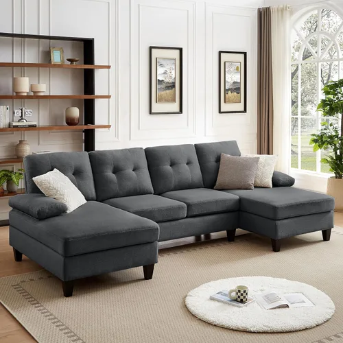 Miniatura 10 de Sofá modular de 111 pulgadas para sala de estar, sofá en forma de U de 4 plazas con doble diván de fibra de lino de poliéster, beige Gris claro