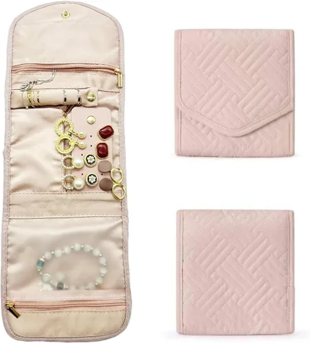 Nueva caja organizadora de joyas de viaje de colores plegable rollo de joyería para anillos, collares, aretes, pulseras (rosa pequeño)