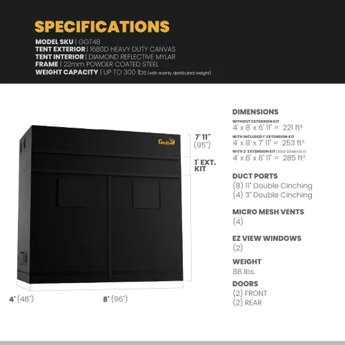 Miniatura 9 de Gorilla Grow Tent Pro 4' x 8' x 6'11" a 7'11" con kit de extensión incluido – Carpa de cultivo interior premium más alta, lona Gorilla más gruesa