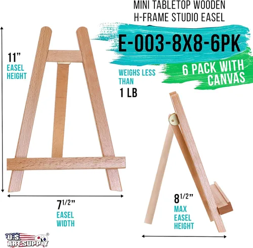 Miniatura 2 de US Art Supply - Lienzo estirado de 8 x 8 pulgadas con caballete de mesa pequeño de madera de 10.5 pulgadas (paquete de 6) para pintura y soporte