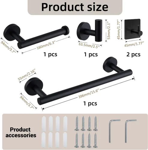 Miniatura 3 de Juego de accesorios de baño de 5 piezas, juego de toalleros de acero inoxidable SUS304, toallero de mano de 16 pulgadas, estante de papel higiénico