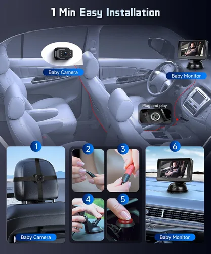 Miniatura 3 de Cámara de coche de bebé para asiento trasero HD con visión nocturna, ángulo de visión ajustable, fácil instalación, cámara giratoria de 360°