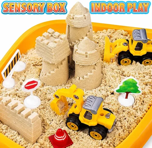 Miniatura 6 de Carolart Contenedor sensorial de construcción, juego de arena de tractor, caja de arena de construcción con camión de juguete, arena y letreros, kit