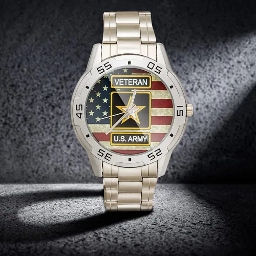 Miniatura 4 de Reloj analógico de acero inoxidable para hombre diseño especial militar veterano y bandera estadounidense diseño personalizado con caja de metal