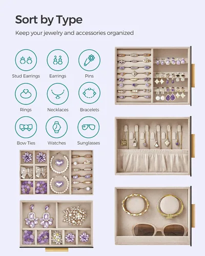Miniatura 4 de SONGMICS Joyero con ventana de cristal, organizador de joyas de 5 capas con 3 cajones laterales, almacenamiento de joyas, con espejo grande
