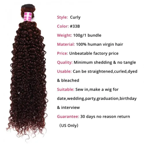 Miniatura 4 de Beauty Forever #33B - Extensiones de cabello humano rizado color marrón rojizo Jerry de 8 pulgadas, cabello humano virgen brasileño Remy