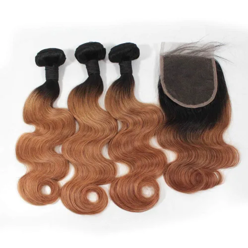 Miniatura 8 de 1B/27 rubio ombre brasileño virgen paquetes con cierres 4pcs lote cuerpo onda 12 con 10 pulgadas ombre encaje cierre con teje pelo