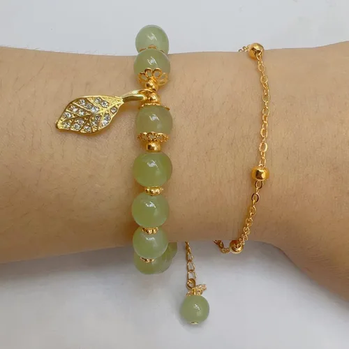 Miniatura 2 de CJIAYUJEW Hotan - Pulsera de hoja de jade natural de 2 capas de nefrita verde para mujer, diseño de cuentas redondas con dije de hoja de circón