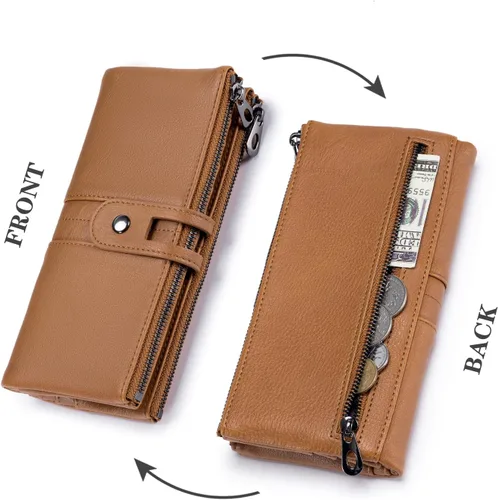 Miniatura 4 de Cartera para mujer, de gran capacidad, de piel auténtica, plegable, con bloqueo RFID, tarjetero con bolsillo con cremallera