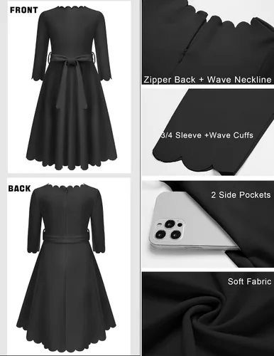 Miniatura 7 de Arshiner Vestido de fiesta para niñas con ribete festoneado, cinturón, acampanado, formal, por debajo de la rodilla, con bolsillos, para 6-15 años