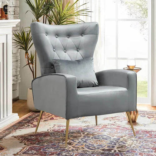 Miniatura 13 de Sillas decorativas de terciopelo con respaldo de ala y almohada lumbar, sillón moderno para sala de estar, dormitorio, silla auxiliar de recepción