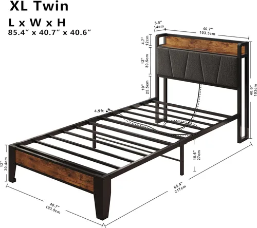 Miniatura 133 de LIKIMIO Base de cama Queen, cabecera de almacenamiento con estación de carga, sólida y estable, sin ruido, no necesita somier, fácil montaje Vintage