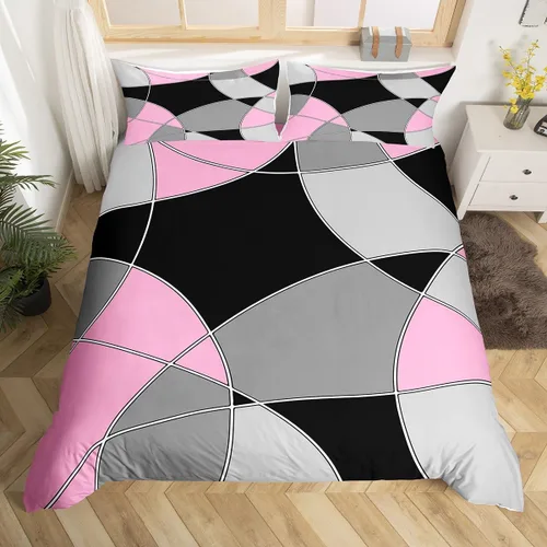 Miniatura 14 de Feelyou Juego de funda de edredón geométrica de color rojo, negro y gris, juego de ropa de cama retro con remolinos circulares a rayas circulares