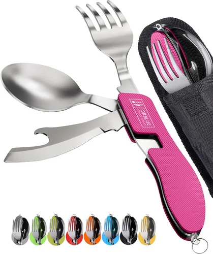 Miniatura 19 de Orblue Utensilios de comida 4 en 1, paquete de 2 – Cuchara portátil, tenedor, cuchillo y abridor de botellas – Cubiertos de acero inoxidable
