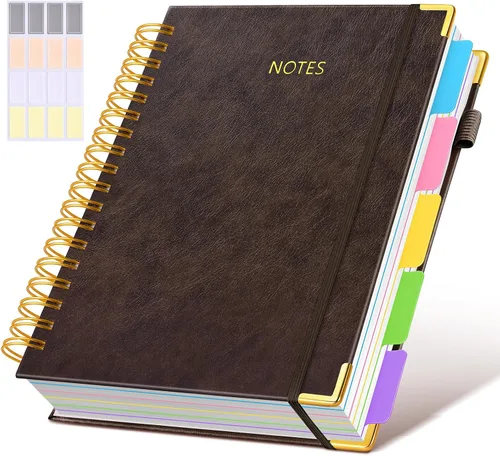 Miniatura 28 de Cuaderno universitario de espiral con tapa dura de cuero de 8 x 10 pulgadas, con pestañas separadoras extraíbles, para 5 materias, a rayas; diario