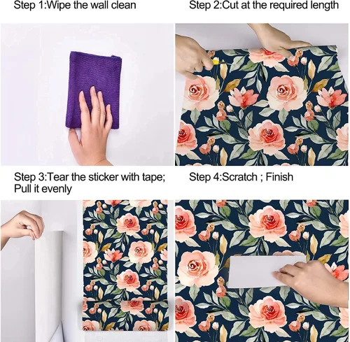 Miniatura 6 de Papel tapiz floral con fondo azul marino, autoadhesivo, extraíble, acuarela, flores, vinilo, papel de pared para estantería, encimera, decoración