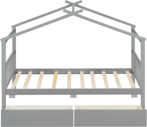Miniatura 4 de Bellemave Cama Casa Tamaño Twin con 2 Cajones de Almacenamiento Cama Casa Montessori de Madera para Niños Marco de Cama de Madera Casa de Juegos Gris