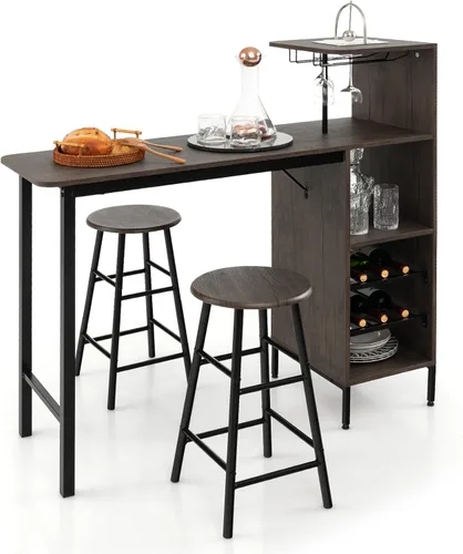 GOFLAME Juego de mesa de bar para 2, juego de mesa de comedor de altura de mostrador con estantes, portavasos y estante para vino, juego de mesa de