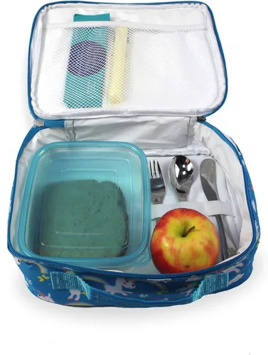 Miniatura 5 de Fiambrera térmica suave con aislamiento térmico, bolsa de comida para niños pequeños, preescolar, con cortador de sándwich en unicornios azules