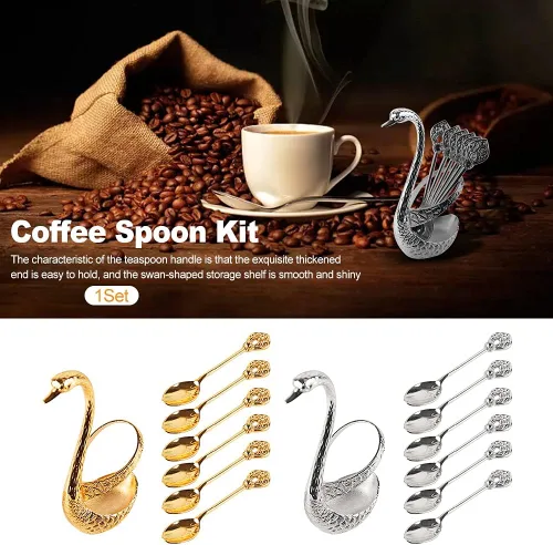 Miniatura 5 de Juego de cuchara de café con soporte, soporte para cuchara y tenedor de cisne, elegante y encantador kit de servicio decorativo para cucharas