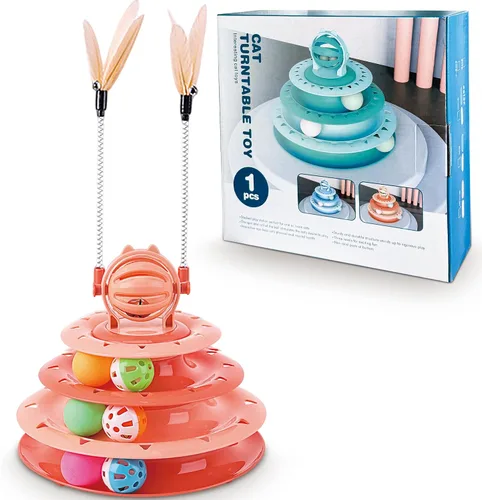Miniatura 8 de Vealind Rodillo de juguete para gatos, plato giratorio de 4 niveles, bolas de juguetes para gatos con 14 bolas de pompones coloridos, diversión