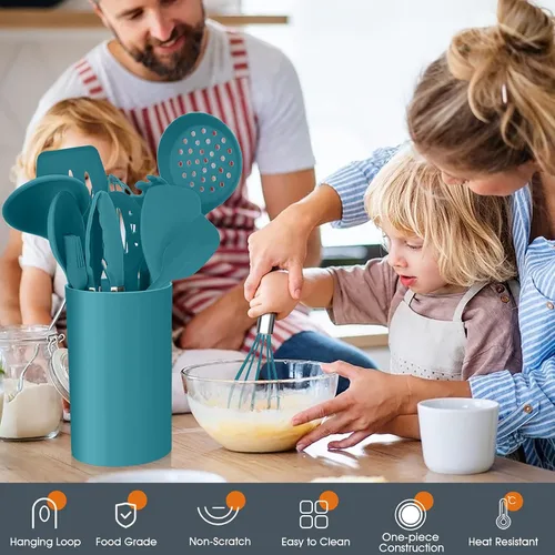 Miniatura 7 de E-far - Juego de utensilios de cocina de silicona azul turquesa, 15 piezas con soporte, utensilios de cocina antiadherentes y resistentes al calor