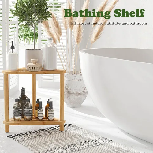 Miniatura 4 de Taburete de ducha de bambú de esquina, taburete de ducha impermeable de 2 niveles para dentro de la ducha, para afeitar las piernas, espacios