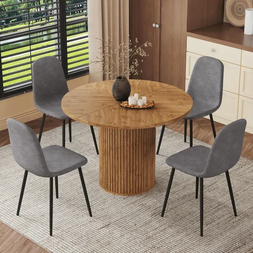 Miniatura 29 de Mesa de comedor redonda para 4-6, mesa de comedor negra con tablero de madera de 42'' y base de pedestal cilíndrico, mesa de cena redonda