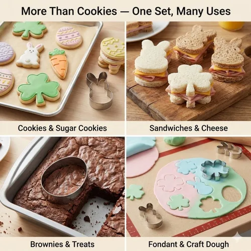 Miniatura 9 de Juego de 9 cortadores de galletas de San Patricio y Pascua, apto para lavavajillas, trébol, 4 hojas, conejo, huevo y zanahoria, cortador de galletas