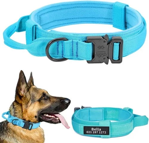 Miniatura 7 de Collar táctico militar personalizado para perro con asa, etiquetas de nombre de mascotas personalizadas para perros medianos y grandes para Negro