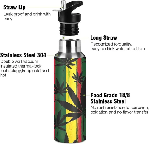 Miniatura 3 de BPA-Free Sports Water Bottle with Straw 20 Oz, Stainless Steel Water Bottle for Gym Outdoor Travel School, Black Leaves Colorful Stripes