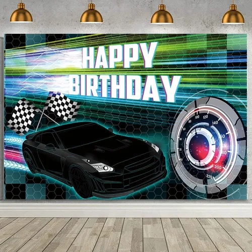 MEHOFOND Telón de fondo negro de 7 x 5 pies, decoración de fiesta de carreras para niños, cartel de fiesta de cumpleaños con temática de auto de