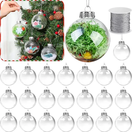 Wettarn 24 bolas de adorno de Navidad transparentes de 3.15 pulgadas, bolas de adorno rellenables de plástico con cuerda para manualidades, Navidad,
