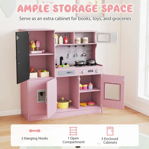 Miniatura 5 de Costzon Juego de cocina para niños, gran juego de juguetes de cocina de chef de madera con sonidos y luces reales, microondas, pizarra, horno, Rosa
