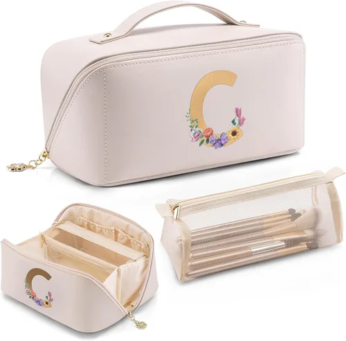 Miniatura 11 de Vlando Bolsa de maquillaje de viaje, neceser para mujer, piel sintética, abierta, plana, bolsa de maquillaje, Clásico elegante
