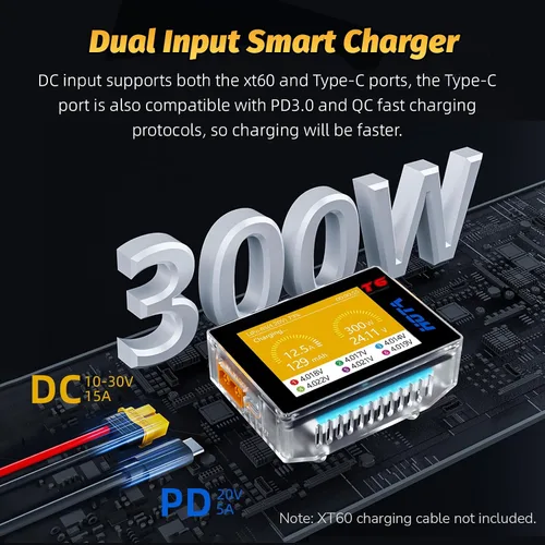Miniatura 5 de HOTA T6 RC 1S 2S 3S 4S 5S 6S Lipo cargador de batería, cargador de batería inteligente RC con entrada dual XT60/PD de 300 W, cargador compacto