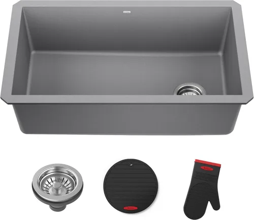 Miniatura 18 de Kraus Forteza - Fregadero de cocina de doble seno 50/50 de granito de instalación empotrada/sobre encimera, 33 pulgadas, color negro (KGD-52BLACK)