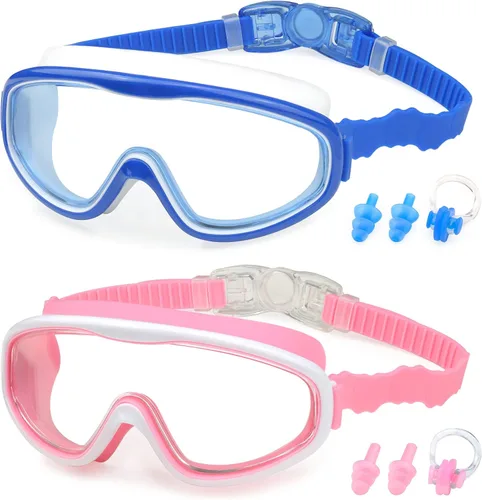 Miniatura 13 de KAILIMENG Gafas de natación para niños, paquete de 2 gafas de natación para edades de 3 a 15 años, antivaho y anti-rayos UV Cear de visión amplia
