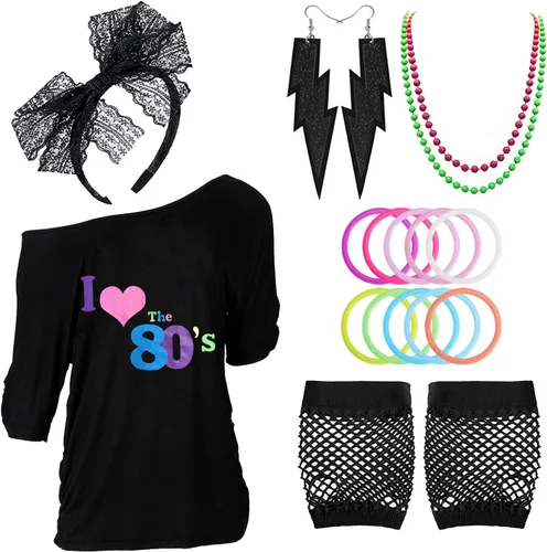 Trajes de los años 80, accesorios de disfraz para mujer, camiseta con hombros descubiertos con estampado de los años 80 para disfraces de los años 80