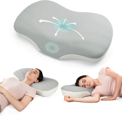Miniatura 7 de Almohada cervical para soporte de cuello y hombros, almohadas ergonómicas de contorno de espuma viscoelástica con doble altura ajustable y funda Azul