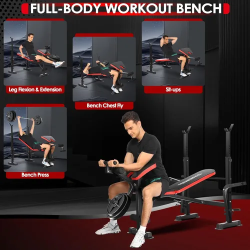 Miniatura 5 de OPPSDECOR Juego de banco de pesas todo en uno de 900 libras con estante para sentadillas, banco de entrenamiento ajustable con desarrollador