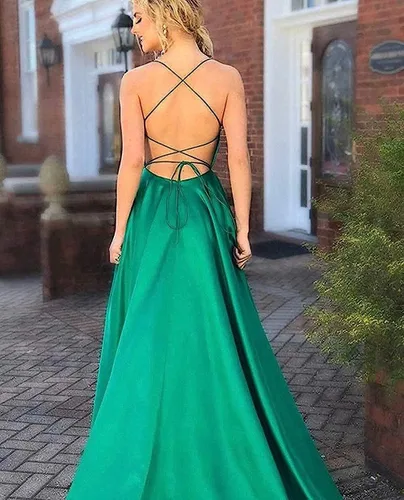 Miniatura 5 de Vestidos de baile de satén para mujer, vestido largo de baile con abertura, espalda descubierta, tirantes delgados, cuello halter, vestido formal